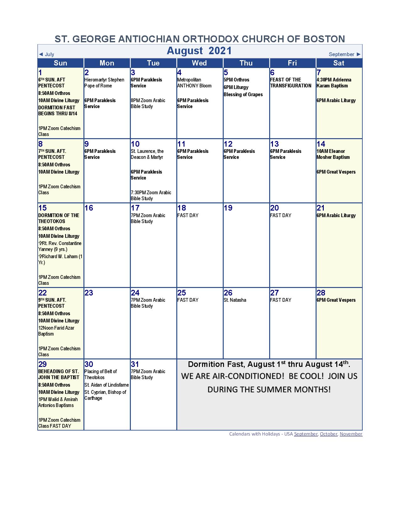 Calendar of Events St. Orthodox Church of Boston